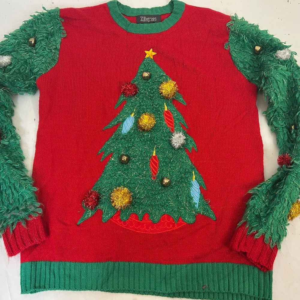 33 Degrees Women's Ugly Acrylic Christmas Sweater Christmas Tree Real Bells Sz S